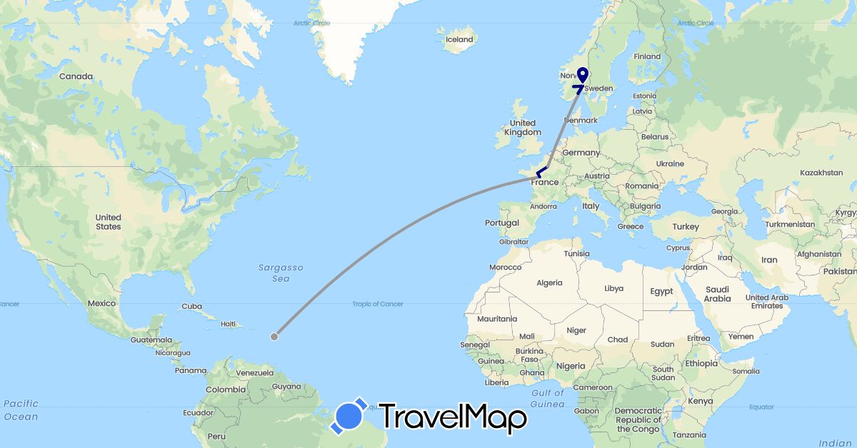 TravelMap itinerary: driving, plane in France, Guadeloupe, Norway (Europe, North America)